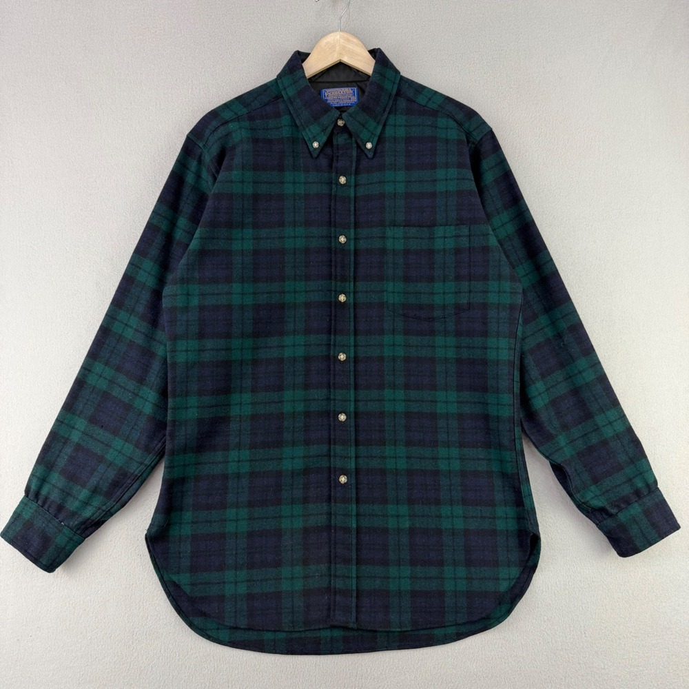 Vintage 80s Pendleton Wool Flannel Shirt Mens Medium Black Watch Tartan USA